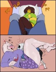 1boy1girl anthro bed deltarune dress drunk fur glasses goat hoodie kris_(deltarune) ntr overhearing_sex pillow_grab sans skeleton slippers toriel wine