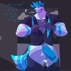 2022 2_horns absurd_res anthro antlers balls barazoku big_penis black_sclera blue_antlers blue_arms blue_ears blue_eyebrows blue_eyes blue_glans blue_horn blue_markings blue_nose blue_penis blue_tail blue_text bodily_fluids body_hair bottomwear bottomwear_down bulge cel_shading chest_hair clothed clothing cloud deer detailed_background dialogue digital_drawing_(artwork) digital_media_(artwork) english_text eyebrows fur genitals glans hairy_balls hairy_legs hi_res horn huge_cock humanoid_genitalia humanoid_penis male mammal markings melaisen moon muscular muscular_anthro muscular_male night nivvination pants pants_down partially_clothed penis portrait shaded shirt solo standing star striped_arms striped_markings striped_tail stripes sweat tail tail_markings text three-quarter_portrait topwear two_tone_tail undressing vein veiny_penis white_body white_clothing white_fur white_tail