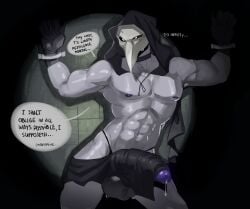abs absurd_res balls bondage breasts clothing collar cuff_(restraint) dialogue genitals handcuffs hi_res humanoid male mask metal_cuffs muscular orfiarts orfisimping penis plague_doctor restraints scp-049 scp_foundation solo