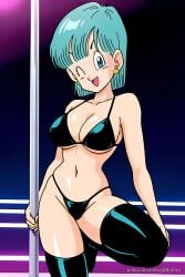ai_generated black_bikini breasts bulma_briefs cleavage dragon_ball dragon_ball_z large_breasts leg_up looking_at_viewer nightclub one_hand_holding_stripper_pole pinku.ai shiny stripper_pole thighhighs wink