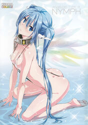 1girls absurdres ass barefoot blue_eyes blue_hair blush bondage breasts butt_crack collar covered_nipples dimples_of_venus english erect_nipples feet female female_only headgear kneeling long_hair looking_at_viewer nymph_(sora_no_otoshimono) partially_submerged pinvise shiny shiny_skin slave sling_bikini soles solo sora_no_otoshimono suzutsuki_kurara swimsuit tied_hair twintails very_long_hair water wet wings