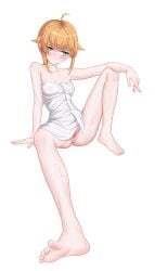 absurdres ahoge anus arm_support bags_under_eyes bare_shoulders barefoot blonde_hair blush breasts chinese_commentary closed_mouth collarbone commentary_request elbow_rest expressionless eyebrows_hidden_by_hair feet female foreshortening full_body green_eyes highres invisible_chair knee_up looking_to_the_side medium_hair mushoku_tensei naked_towel norn_greyrat pussy simple_background sitting small_breasts soles solo sweat toes towel uncensored user_skwc5555 variant_set white_background