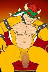 1boy anthro balls bowser bracelet collar daddy derjinzo dilf furry furry_male furry_only genitals hi_res horns humanoid_genitalia humanoid_penis koopa looking_at_viewer male male_nipples male_only mario_(series) mature mature_male nintendo nipples pecs penis red_hair reptile scalie sitting solo solo_focus solo_male testicles thick_penis yellow_skin