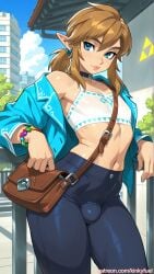 ai_generated androgynous blonde_hair blue_eyes bracelet bulge choker city clothing crop_top crossbody_bag earrings elf_ears femboy flat_chest kinkyfuel leggings link link_(breath_of_the_wild) link_(tears_of_the_kingdom) looking_at_viewer navy_blue_pants outdoors solo standing the_legend_of_zelda tight_pants transparent_clothes