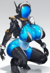 ai_generated high_heels huge_breasts kebe_kebabs maid maid_bikini maid_cap robot robot_girl screen_face see-through_body squatting