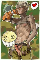 1boy areolae balls bar_censor blonde_hair blush censored cum cum_drip cumshot erect_nipples erection eyebrows going_commando harness junkrat looking_at_viewer male male_only mechanical_arm muscles nail_polish nipples overwatch penis penis_out thick_eyebrows tongue tongue_out yellow_eyes