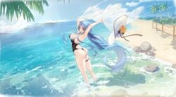 armpits arms_up ass azur_lane bare_arms bare_shoulders beach black_one-piece_swimsuit blue_eyes blue_hair blue_sky breasts cg cleavage cloud day female floating_hair flower from_behind full_body hair_between_eyes hair_ornament hat hat_flower highleg highleg_swimsuit holding holding_clothes holding_hat large_breasts long_hair looking_at_viewer looking_back medium_breasts ocean official_art one-piece_swimsuit one_eye_closed outdoors palm_tree ponytail purple_eyes sand scenery sideboob sidelocks skindentation sky smile solo sovetskaya_belorussiya_(azur_lane) sovetskaya_belorussiya_(ripples_and_a_fluttering_veil)_(azur_lane) standing sun_hat swimsuit thigh_strap thighs tree unworn_hat unworn_headwear very_long_hair wading water wet white_headwear