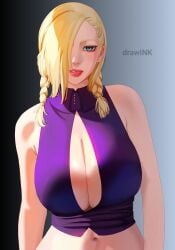 1girls alternate_hairstyle aqua_eyes big_breasts boruto:_naruto_next_generations braided_twintails breasts breasts_bigger_than_head center_opening cleavage cleavage_overflow completely_nude crop_top drawink female female_only fishnets front_view hair_over_one_eye huge_breasts ino_yamanaka light_blue_eyes long_hair low_twintails mature mature_female milf naruto naruto_(series) nipples pinup ponytail shirt sleeveless_shirt solo solo_focus tied_hair toonami top_heavy topwear twintails upper_body very_long_hair voluptuous