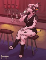 2015 anthro bar blush breasts canine crossed_legs cum cum_drip cum_in_mouth cum_inside cum_on_breasts dalmatian drinking drinking_cum dripping female furry hair_ribbon hairbow high_heels kara_resch mammal meesh ribbons sitting solo spots