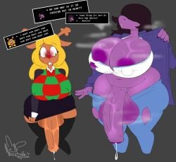absurd_res anthro big_breasts big_penis blush breasts cleavage clothed clothing deer deltarune duo english_text futanari genitals gynomorph hi_res huge_breasts intersex mammal nailstrabbit noelle_holiday penis penis_size_difference scalie susie_(deltarune) text undertale_(series)