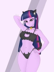 1girls arm_behind_back bare_shoulders bell bell_collar belly belly_button boob_window bra breasts busty cat_ears cat_keyhole_bra cat_lingerie cat_tail catgirl clothes collar equestria_girls female friendship_is_magic g4 hasbro high_res human lingerie looking_at_you my_little_pony ponytail sleeveless smiling smiling_at_you solo solo_female suggestive tail ticonderoka twilight_sparkle_(eg) twilight_sparkle_(mlp) underwear