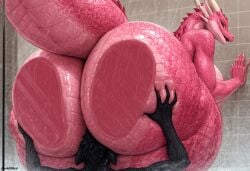 1boy1girl ai_generated ass bent_over breasts darkeffect dragon horns larger_female looking_at_viewer looking_back nude pink_body presenting presenting_hindquarters rear_view shower sweat tail thick_thighs wet wide_hips