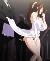 2boys animated animated_gif anime_screencap bare_shoulders blush breasts brown_hair cleavage energy_kyouka!! erina_houjou female huge_breasts long_gloves long_hair masturbation milf mother multiple_boys ova panties screenshot smile stitched tamatsuyada watching