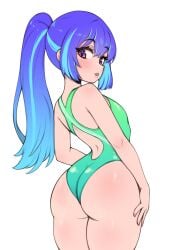 1girls back_view big_ass blue_hair blue_highlights blush bubble_butt flat_chest looking_at_viewer looking_over_shoulder one-piece_swimsuit original_character petite ponytail purple_eyes purple_hair shortstack swim swimsuit swimwear thick_lips thick_thighs whomperfruit