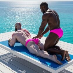 ai_generated ass bald_male beach beard black_hair black_skin kratos male male_only massage muscles muscular muscular_male speedo sun sunbathing tattoo tattoos white_skin