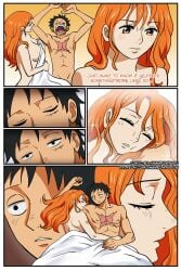 after_sex black_hair blushing comic comic_page doujinshi doujinshi_page female male male/female monkey_d_luffy nami_(one_piece) nude_female nude_male one_piece orange_hair orange_hair_female redhead_female scar scar_on_face shampowrado sharing_bed sleeping_nude sleeping_together