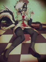 3:4 absurd_res anthro areola areola_slip blood blood_pool bodily_fluids bottomwear breasts bullet_wound clothed clothing corpse death digital_media_(artwork) eyewear female female_death footwear frostbite80_(artist) fur genitals glasses gore hair hi_res high_heels mammal mephitid no_underwear shirt shoes skirt skunk snuff solo tail topwear vulva wearing_glasses