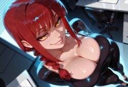 1girls ai_generated bunnysuit chainsaw_man crazy_smile eyes female from_below latex latex_clothing light-skinned_female light_skin looking_at_viewer makima_(chainsaw_man) pantyhose ringed_eyes sexy sexy_pose spiral_eyes standing yellow_eyes