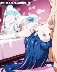 1boy 1girls ai_generated clothed_female_nude_male dress lying panty_&_stocking_with_garterbelt stocking_anarchy striped_legwear striped_thighhighs sword_swallowing_position