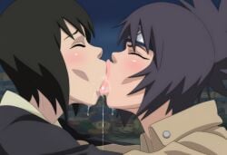 2girls :>= after_oral after_sex ai_generated ass bare_shoulders big_ass big_breasts big_lips black_hair blush clothing cum cum_in_mouth cum_kiss cum_swap dress female female/female female_only high_resolution kimono kissing light-skinned_female light_skin long_hair making_love mitarashi_anko multiple_girls naruto naruto_(series) naruto_shippuden ponytail powerhouserift purple_hair romantic saliva saliva_string saliva_trail shizune sloppy_kiss thick_lips trenchcoat upper_body yuri