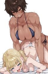 2girls all_fours ass bent_over blonde_hair blue_eyes blush breasts brown_hair clothed_sex competition_school_swimsuit cum dark-skinned_female dark_skin doggy_style dry_humping female futa_with_female futanari hanging_breasts height_difference highres humping implied_futa intersex kei_(m_k) large_breasts long_hair m_k multiple_girls original ponytail red_eyes rika_(m_k) school_swimsuit sex sex_from_behind short_hair simple_background size_difference sweat swimsuit tall_female tan tomboy top-down_bottom-up vaginal_penetration
