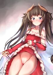 :| blush brown_hair choco_flex christmas christmas_outfit dress dress_lift female no_panties original pussy solo twintails uncensored