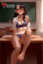 1girls 2d ai_generated areolae ass back bare_shoulders big_ass black_hair blue_eyes bra brown_eyes dark_skin dark_skinned_female day erophoenix female female_focus full_body hairclip hayase_nagatoro jewelry long_hair looking_at_viewer one-piece_tan panties patreon_username please_don't_bully_me,_nagatoro sitting skin_fang small_breasts smile solo tan tan_body tan_lines tanline thick thick_thighs uncensored underwear undressing