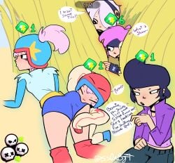 5girls ass ass_focus ass_grab bibi_(brawl_stars) black_hair bonnie_(brawl_stars) brawl_stars butt_focus butt_grab colette_(brawl_stars) dialogue eating_ass female female_focus female_only fully_clothed girl girls girls_only hiding incest janet_(brawl_stars) no_ai penny_(brawl_stars) pink_hair purple_hair sfw silly sister sisters ss0rbjt teenage_girl teenager text text_bubble voyeur voyeurism watching white_hair wholesome yuri
