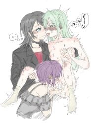 ... 3girls absurdres bang_dream! bang_dream!_it's_mygo!!!!! between_legs bite_mark bite_mark_on_arm bite_mark_on_breast bite_mark_on_face bite_mark_on_neck black_choker black_hair black_jacket blue_eyes blush carrying carrying_person censored choker closed_mouth clothed_female_nude_female commentary_request cunnilingus ear_blush female fff_threesome fingering grabbing_another's_breast grabbing_from_behind green_hair grey_shirt groping group_sex hair_ornament hairclip hand_on_another's_leg highres jacket long_hair looking_at_another multiple_girls nipple_stimulation nipple_tweak nude off-shoulder_shirt off_shoulder oral purple_hair pussy_juice red_shirt shirt short_hair simple_background socks speech_bubble spoken_ellipsis sweat thought_bubble threesome tongue tongue_out trembling wakaba_mutsumi white_background wsmm yahata_umiri yellow_eyes yellow_socks yuri yuutenji_nyamu