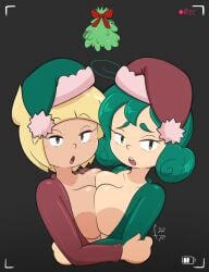 2022 2girls beverie blonde_hair breast_squish breasts breasts_out camera camera_pov christmas cleavage female female_focus female_only fernal-scarlet fondly_aloe fondly_scarlet green_hair looking_at_camera mistletoe recording_video saliva_trail santa_hat trinity_(avrgforum) yuri