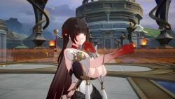 1girls 3d ahoge alternate_breast_size animated aroma blunt_bangs breasts_bigger_than_head brown_hair cleavage colored_skin covering_nose disgusted female female_only game_mod honkai:_star_rail honkai_(series) huge_breasts idle_animation light-skinned_female light_skin lingsha_(honkai:_star_rail) melodiq mod musk navel pointy_ears red_eyes scent smile solo tagme thick_thighs video