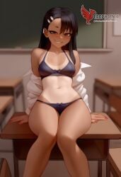1girls 2d ai_generated areolae ass back bare_shoulders big_ass black_hair blue_eyes bra brown_eyes dark_skin dark_skinned_female day erophoenix female female_focus full_body hairclip hayase_nagatoro jewelry long_hair looking_at_viewer one-piece_tan panties patreon_username please_don't_bully_me,_nagatoro sitting skin_fang small_breasts smile solo tan tan_body tan_lines tanline thick thick_thighs uncensored underwear undressing