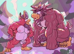 absurd_res anthro avian back_muscles balls big_muscles big_penis bird blush bodily_fluids brown_body brown_fur claws clothing cloud club_penguin crested_penguin disney duo erection evergreen_tree eyebrows feet forearm_muscles forest fur genital_fluids genitals half-erect hat headgear headwear hi_res huge_muscles larger_male male male/male male_only melee_weapon musclegut muscular muscular_anthro muscular_male nature nature_background nude overweight overweight_anthro overweight_male party_hat pecs penguin penis penis_size_difference pine_tree pirate pirate_hat plant precum question_mark red_body rockhopper_penguin sam_the_sasquatch sasquatch size_difference smaller_male snow sun surprised surprised_expression sword tail tree unibrow vaniwall vein veiny_penis weapon weapon_on_hip white_body white_fur yellow_body