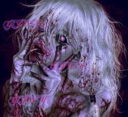black_background black_nails black_sclera blood blood_on_face blood_on_hands colored_sclera crazy_eyes english_text female grotesque hand_on_own_face highres injury long_hair longwandb looking_at_viewer multiple_scars open_mouth pointy_ears scar scar_on_hands simple_background twintails white_hair zombie