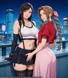 2girls aerith_gainsborough ai_generated ass bangs bare_shoulders belt black_clothes black_gloves black_hair black_legwear black_skirt black_thighhighs blush bow braid braided_ponytail breasts brown_hair building choker city clavicle cleavage clothing crop_top cropped_jacket dress earrings elbow_gloves female female_only final_fantasy final_fantasy_vii final_fantasy_vii_remake fingerless_gloves gloves green_eyes hair_ornament hair_ribbon high_resolution jacket jewelry large_breasts legwear lips long_dress long_hair looking_at_viewer low-tied_long_hair medium_breasts midriff miniskirt multiple_girls navel necklace night night_sky outdoors parted_bangs parted_lips pink_bow pink_dress pleated_skirt ponytail red_eyes ribbon shirt skindentation skirt sky sleeveless smile standing suspender_skirt suspenders tank_top taut_clothes thighhighs thighs tied_hair tifa_lockhart toned white_shirt wodstudio yuri zettai_ryouiki