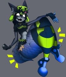 1girls black_hair clothed exaggerated_proportions fangs female fishnets furry green_hair happy huge_thighs large_thighs oc original_character ripped_clothing small_breasts solo solo_focus thick_thighs thighhighs thighs thin_waist white_eyes xexeezy ze0metric