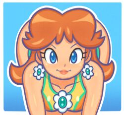 absurdres ass azumanga_daiou bare_arms bare_legs1girls bare_shoulders bent_over big_ass blue_background blue_eyes border breasts brown_hair cropped_legs crown determined earrings eyelashes female flipped_hair flower_earrings front_view highres jewelry legs lips luma_draws mario_(series) mario_kart_world medium_breasts medium_hair nintendo parted_lips princess_daisy princess_daisy_(swimwear) shiny_skin solo solo_female swimsuit thick thick_thighs thighs white_border wide_hips young_female yukari_tanizaki