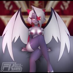 1_eye angel breasts casual_exposure detailed_background exhibitionism female fkimnsfw grey_body hair hazbin_hotel nipples open_smile short_hair smile teeth thick_thighs vaggie_(hazbin_hotel) white_hair wings
