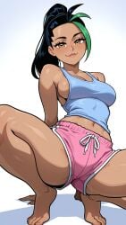 ai_generated arms_behind_back bare_arms bare_legs bare_shoulders barefoot black_hair blue_shirt blue_tank_top blush body_freckles breasts brown_eyes cleavage closed_mouth collarbone crop_top dark-skinned_female dark_skin dolphin_shorts feet female female_only fingernails freckles full_body gradient gradient_background green_hair hair_pulled_back large_breasts legs lips long_hair looking_at_viewer mayrainart medium_breasts midriff midriff_peek multicolored_hair navel nemona_(pokemon) no_bra orange_eyes pink_shorts pokemon_sv ponytail shadow shirt short_shorts shorts sideboob simple_background sleeveless smile solo spread_legs squatting stomach streaked_hair tank_top thighs tiptoes toenail_polish toenails toes two-tone_hair upshorts white_background yellow_eyes