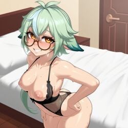 animal_ears arched_back bed bedroom before_sex brown_eyes fluffy_ears genshin_impact gfeixiaoai green_hair hand_on_hip hoyoverse looking_at_viewer medium_breasts mihoyo naked nipples patreon patreon_username seductive seductive_look seductive_smile smile sucrose_(genshin_impact) sweat sweating teeth white_sheets