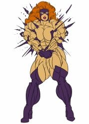 1girls clothes_ripping convenient_censoring dairugger embarrassed_nude_female enf extreme_muscles female female_only hands_covering_crotch heels marvel marvel_comics mask masked_female muscular muscular_female orange_hair solo stockings stockings_thigh_highs titania_(marvel)