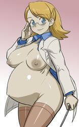 adjusting_glasses areolae bangs black_eyebrows blonde_hair blue_eyes blue_shirt blush breasts brown_areolae brown_nipples brown_thighhighs clothing collared_shirt eyebrows_visible_through_hair female glasses gradient_background huge_belly huge_breasts jacket looking_at_viewer medium_hair nipples nude open_clothes open_jacket open_shirt outie_navel pregnant ready_to_pop ribs shiny_skin smile solo standing stick tenseiani thigh-highs white_jacket