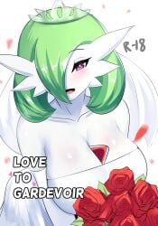 1girls antennae arched_back ass bare_shoulders between_breasts blush bob_cut body_blush breasts bridal_veil cleavage collarbone colored_skin dress ear elbow_gloves female female_focus flower gardevoir gen_3_pokemon gloves green_eyes heart highres huge_ass huge_breasts leaning_forward light-skin light-skinned_females lips long_arms long_ears neckline nintendo petals pixiv pixiv_commission pixiv_id pixiv_link pixiv_username pointy_ears pokemon pokemon_(creature) purple_eyes red_flower sana!rpg shiny_breasts shiny_clothes shiny_hair shiny_skin short_hair smile solo solo_focus tongue veil wedding_dress white_background white_dress white_gloves white_lips white_skin wide_hips