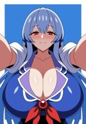 1girls blue_clothing blue_hair breast_focus cleavage keine_kamishirasawa red_eyes ssaf ssaf_seibeupail suggestive_look touhou