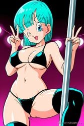:d ai_generated ass_visible_through_thighs black_bikini breasts bulma_briefs cleavage dragon_ball dragon_ball_z large_breasts leg_up looking_at_viewer nightclub one_hand_holding_stripper_pole peace_sign pinku.ai shiny stripper_pole thighhighs wink