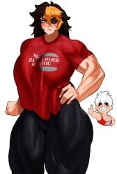 2girls absurd_res commission embarrassed eyepatch hips kei_(subway_gorilla) long_hair looking_away muscular_female muscular_legs muscular_thighs oc original_character pouting smile smiling_at_partner sotcho thick_thighs two_tone_hair white_hair yellow_hair