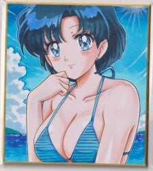 1girls alluring ami_mizuno beach bikini bishoujo_senshi_sailor_moon blue_eyes blue_hair cleavage day female highres looking_at_viewer outdoors parted_bangs short_hair smile smiling_at_viewer solo swimsuit toei_animation traditional_media user_kztc4472