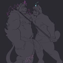 2022 absurd_res akita american_akita anthro arm_tuft barazoku bau_(melaisen) bernard_(melaisen) big_bulge bodily_fluids body_swap bulge canid canine canis clothed clothing collar domestic_dog duo elbow_tuft eyewear felid fist glasses hi_res holding_leash holding_object huge_bulge leash leash_pull leashed_collar looking_at_another male mammal melaisen muscular muscular_anthro muscular_male nervous nervous_sweat nipples nonbinary_(lore) pantherine portrait smile smug spitz sweat tail teeth tenting three-quarter_portrait topless topless_anthro topless_male tuft