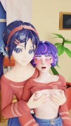 2girls 3d 3d_(artwork) 3d_background 3d_model 3d_render 8k blush breast_grab breasts breasts_out clothed embrace embracing female hugging juno_(overwatch) kazworksnsfw looking_at_viewer miside mita_(miside) mita_(miside)_(cosplay) moaning overwatch overwatch_2 pov pov_eye_contact