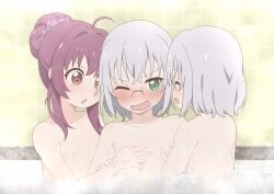 2girls absurdres bath blush breasts brown_eyes female glasses green_eyes highres ikeda_chitose ikeda_chizuru indoors long_hair looking_at_another multiple_girls nipples okaasan_(okaasandx) one_eye_closed open_mouth purple_hair short_hair small_breasts smile sugiura_ayano white_hair yuri yuru_yuri